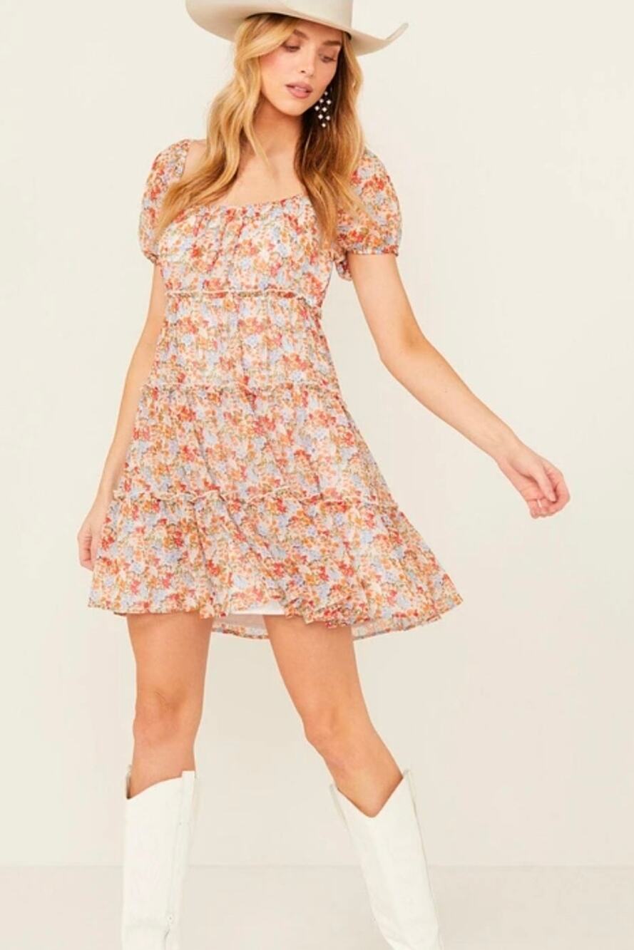 NWT Ash & Violet Floral Tiered Mini Dress M Cottagecore Coastal Cowgirl